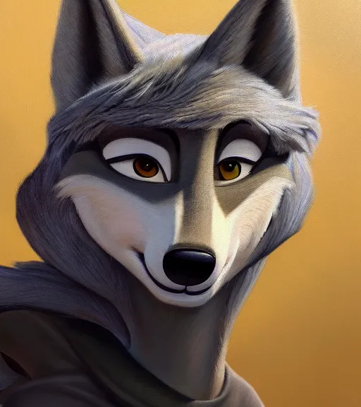 Image similar to oil painting of detailed full body of anthromorphic female wolf, in style of zootopia, zootopia, zootopia, fursona, furry, furaffinity, 4 k, deviantart, furry art, fursona art, wearing black business suit, business suit, in style of zootopia, wolf fursona, cyberpunk, female, expressive detailed feminine face,