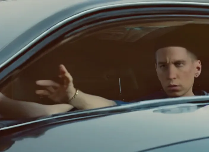 Image similar to a very high resolution image from a new movie, eminem in a car car. inside of a car. alone. mountains, directed by wes anderson