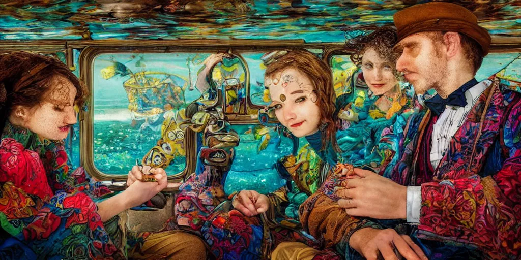 Image similar to detailed colourful masterpiece of photography couple portrait sat down extreme closeup, inside a beautiful underwater train, detailed realistic expressions, wearing unusual clothes, by ford maddox brown