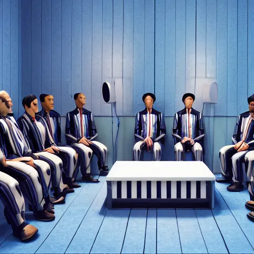 Prompt: Inmates in striped suits sitting around a television bolted to a blue wall, rule of thirds, rendered in octane, rendered in Corona, rendered in vray, rendered in Arnold, insanely detailed, photorealistic, cinematic, global illumination, no grain, widescreen