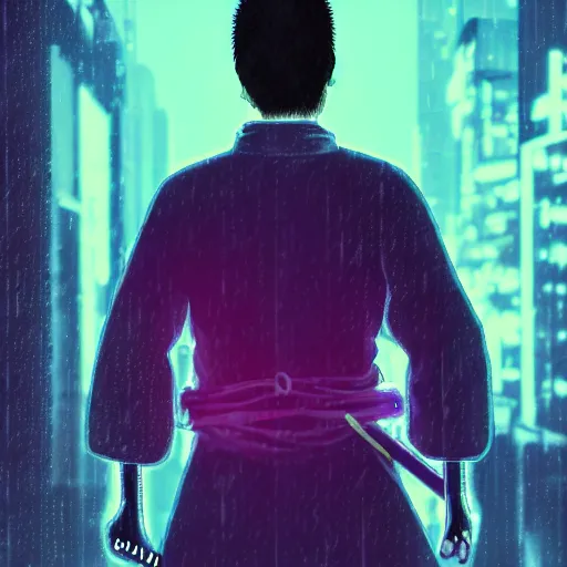 Image similar to realistic detailed portrait of a lone samurai with prosthetic hands, a purple blindfold and a high-tech katana behind his back, clothing in dark deep colors, cyberpunk style, rainy weather and evening, neon lights, 4K, masterpiece