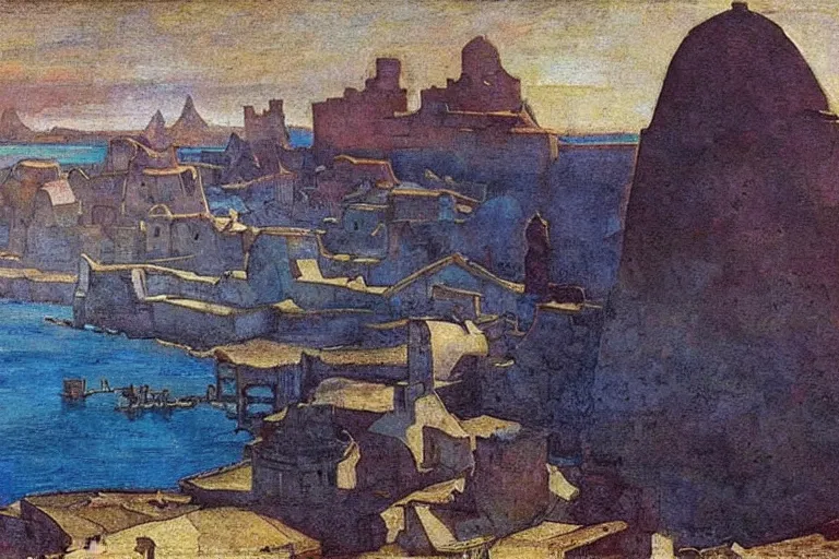 Image similar to ancient city by the sea by Annie Swynnerton and Nicholas Roerich, strong dramatic cinematic lighting , ornate architecture, lost civilizations, smooth, sharp focus, extremely detailed