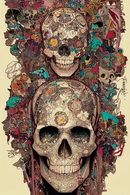 Image similar to beautiful skull cyborg portrait girl female illustration detailed patterns art of thai traditional dress, pop art, splash painting, art by geof darrow, ashley wood, alphonse mucha, makoto shinkai