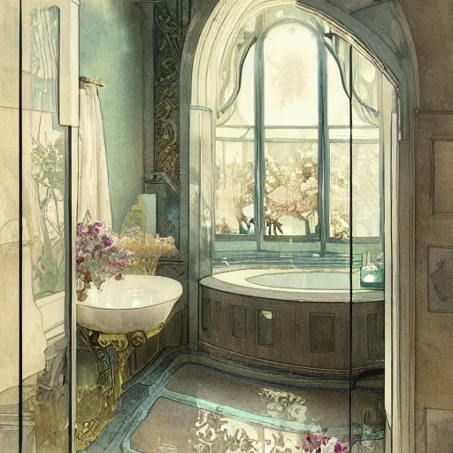 Prompt: a beautifull intricate watercolour painting of a bathroom, reflexions, verry high details by william turner art, greg rutkowski and alphonse mucha, trending on artstation, very very detailed, masterpiece, muted colors