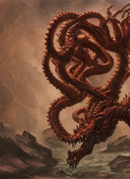 Image similar to highly detailed painting of the hydra, 4 k, lovecraftian, d & d, satanic, fantasy, intricate, digital painting, artstation, concept art, sharp focus, illustration, by michelangelo, by nicolas poussin