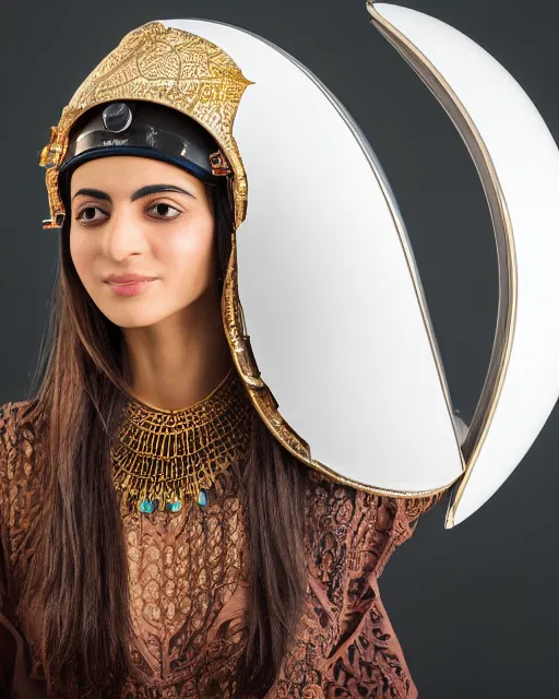 Image similar to centered medium shot fine studio photograph of a beautiful persian girl wearing an ancient persian solarpunk electronic helmet with led lights, ultra-realistic, white background, 8k HDR morning light, intricate detail