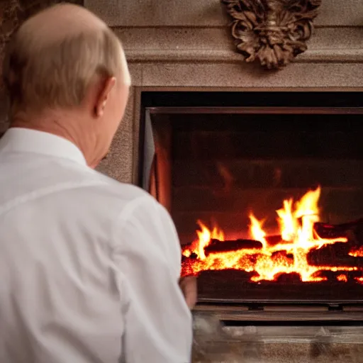 Image similar to vladimir putin in a waistcoat staring at a log fire photograoh, nikon, 5 0 mm lighting effect dof