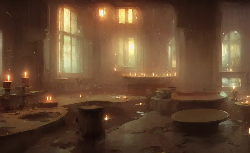 Image similar to painting of an interior of a bath house with candles, concept art, by greg rutkowski and craig mullins, cozy atmospheric and cinematic lighting, trending on artstation