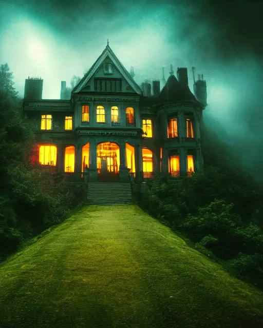 Image similar to a wide angle low photo of a colossal haunted victorian mansion on the edge of a cliff above a misty forest at night, saturated color, volumetric light, epic proportions, ectoplasm, mystical, occult, alchemy, ultra detailed, 8 k