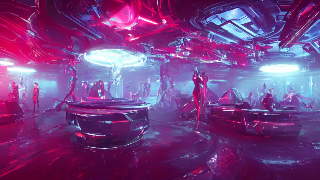 Image similar to sci-fi night club, with exotic female alien dancers standing on platforms, neon lights, fog, smoke and atmosphere, red tones, platforms, circular mechanical structures, faceted shapes, contemporary aesthetic, like concept art on artstation, hyperdetailed, vray render, octane render,