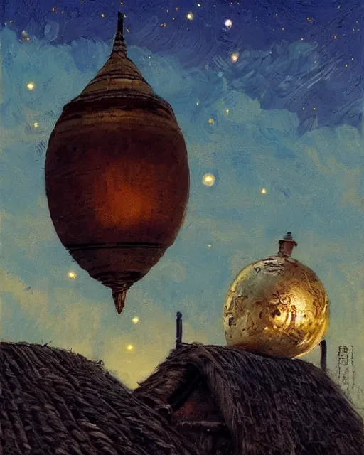Prompt: Painting by Greg Rutkowski, A large ceramic jar with a golden ornament flies high in the starry night sky above small huts under thatched roofs