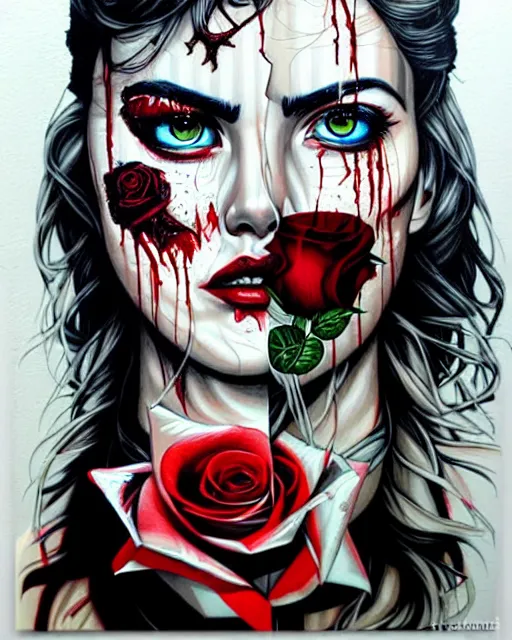 Image similar to horror and blood and rose with sea and ocean intricate details by Sandra Chevrier