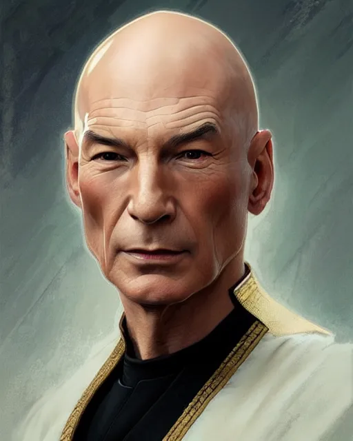 Image similar to Portrait of Jean Luc Picard but he is chinese, real life skin, intricate, elegant, highly detailed, artstation, concept art, smooth, sharp focus, art by artgerm and greg rutkowski and alphonse mucha