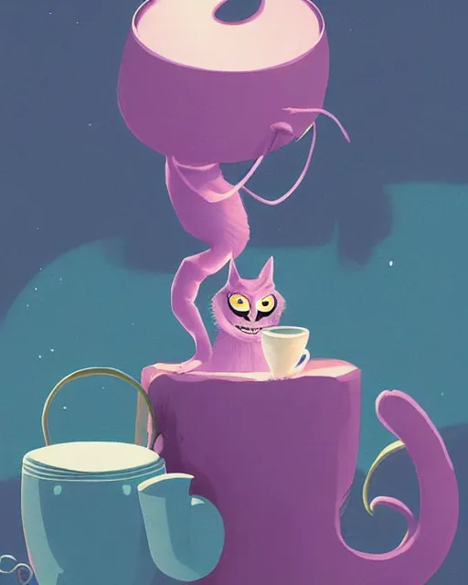 Prompt: cheshire cat drinking tea, by james gilleard, character art, art, very coherent, plain background, lighthearted, soft painting