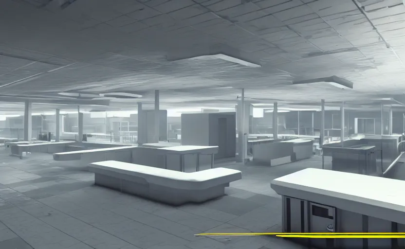 Prompt: screenshot of game on unreal engine 5, a large white empty breakroom with a security checkpoint, photorealistic, retrofuturism, brutalism, staggered terraces, minimalist, soft vintage glow
