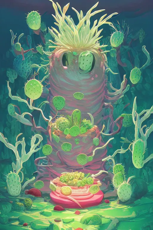 Image similar to roots cactus sushi cristal smurf ghost creature animal sushi cristal very big eye roots cactus elemental flush of force nature micro world fluo fishscale, behance hd by jesper ejsing, by rhads, makoto shinkai and lois van baarle, ilya kuvshinov, rossdraws radiating a glowing aura global illumination ray tracing hdr