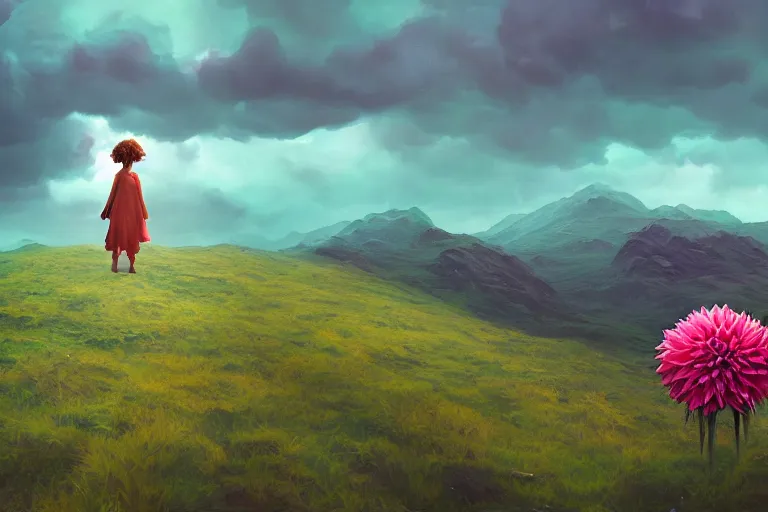 Image similar to face covered giant dahlia flower, girl on mountain, surreal photography, blue storm clouds, dramatic light, impressionist painting, digital painting, artstation, simon stalenhag