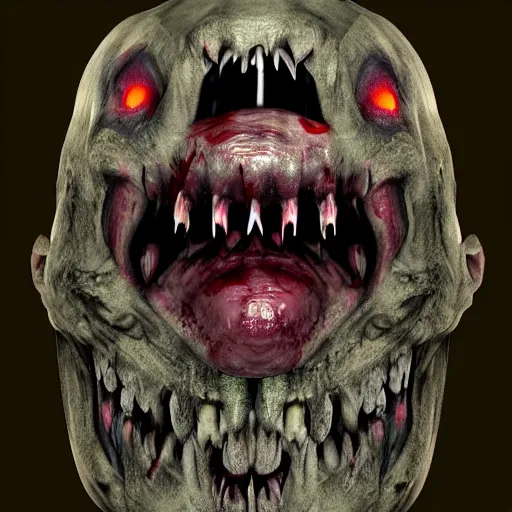 Image similar to demonic chivauva, zombie face, glowing eyes, mouth full of wierd tooth, hyper realistic, realistic lighting, full of details, horror, night time, scary, demonic