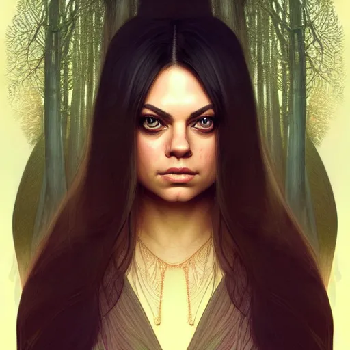 Prompt: symmetry portrait of mila kunis princess, forest background, intricate, elegant, highly detailed, digital painting, artstation, concept art, smooth, sharp focus, illustration, art by artgerm and greg rutkowski and fra angelico and alphons mucha