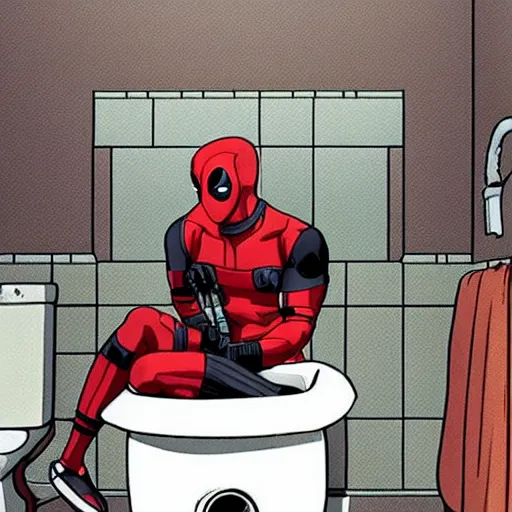 Prompt: Deadpool sitting on the toilet, eating a hamburger, by studio ghibli,