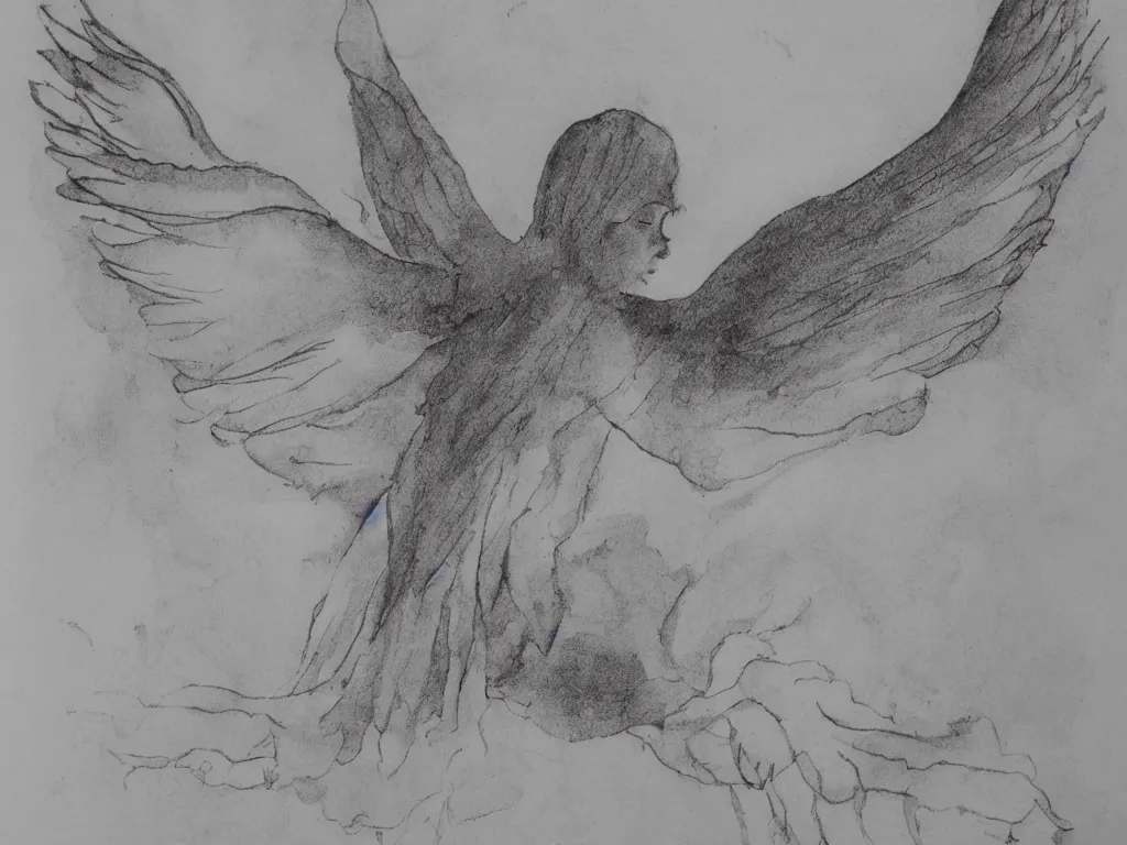 Image similar to angel in the sky flying on the sea india ink drawing