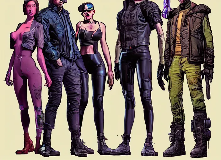 Image similar to cyberpunk heist crew. portrait by stonehouse and mœbius and will eisner and gil elvgren and pixar. character design. realistic proportions. dystopian. cyberpunk 2 0 7 7, apex, blade runner 2 0 4 9 concept art. cel shading. attractive face. thick lines. hi def 4 k. detailed scene.