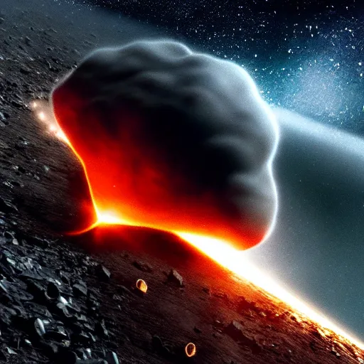 Image similar to an asteroid is crashing into earth. movie. cinematic. epic. huge explosion. particle effects. molten. octane renderer.