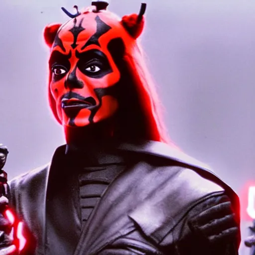 Image similar to a film still of michael jackson starring in a blockbuster film as darth maul from star wars, shallow depth of field, cinematic, award winning cgi, vfx, film still