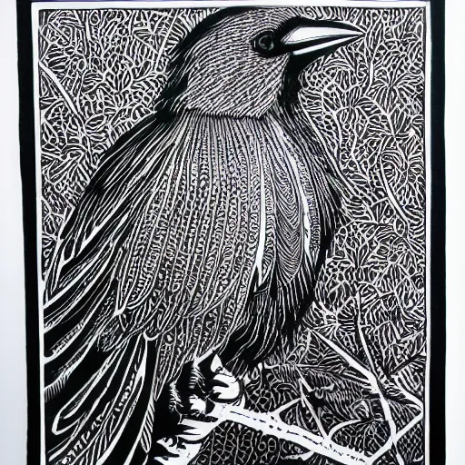Image similar to crow, detailed intricate block print, 4k, black ink on white paper