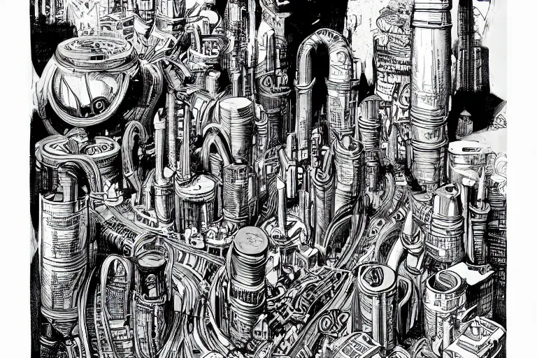 Image similar to an elaborate penned child illustration of an intricate connected city of tubes and pipes, by martin handford and by jan van haasteren and by simon bisley and by jack kirby