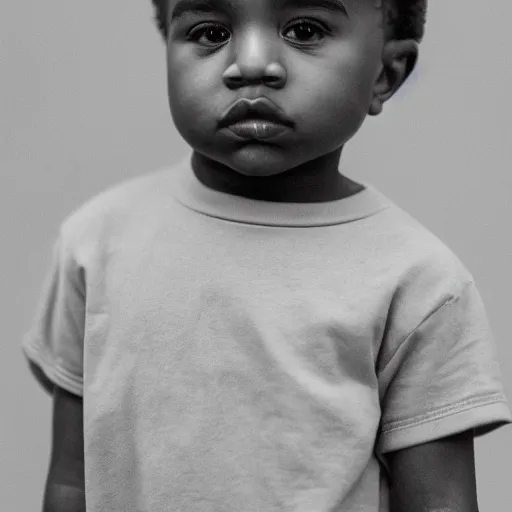 Image similar to the face of young kanye west wearing yeezy clothing at 3. 2 years old, black and white portrait by julia cameron, chiaroscuro lighting, shallow depth of field, 8 0 mm, f 1. 8