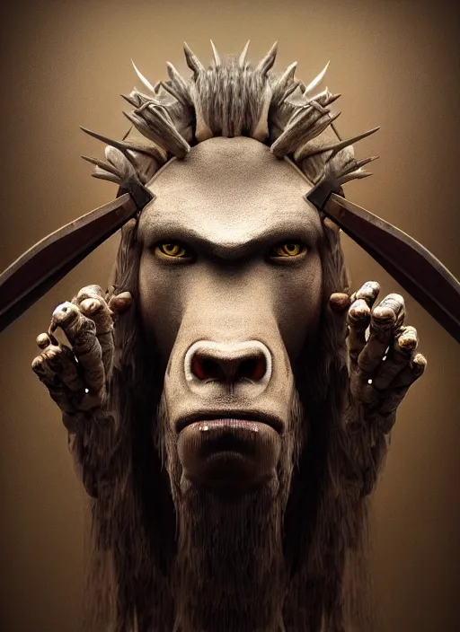 Prompt: hyperrealistic mixed media portrait of a humanoid ram beast creature ready to attack with his two-handed axe, stunning 3d render inspired art by Michael Parkes + perfect facial symmetry + dim volumetric lighting, 8k octane beautifully detailed render, post-processing, extremely hyperdetailed, intricate, epic composition, grim yet sparkling atmosphere, cinematic lighting + masterpiece, trending on artstation