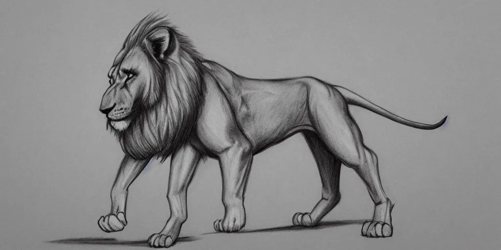 Image similar to full body shot of a large canine with the tail and ears of a lion, pencil drawing, illustration, black and white, artstation