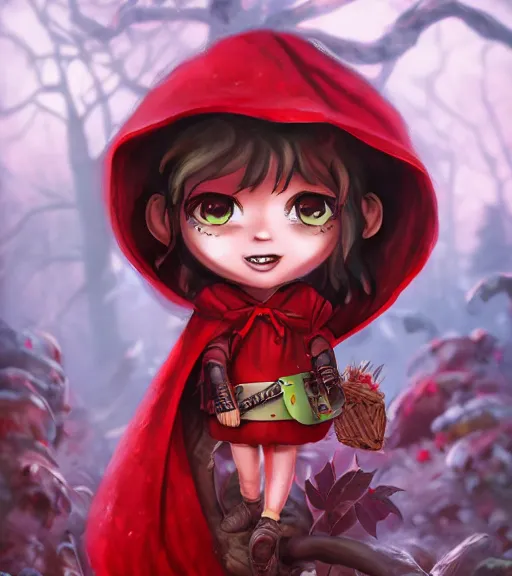 Prompt: an epic fantasy comic book style portrait painting of an extremely cute and adorable chibi stonepunk little red riding hood, unreal 5, daz, hyperrealistic, octane render, cosplay, rpg portrait, dynamic lighting, intricate detail, harvest fall vibrancy, cinematic