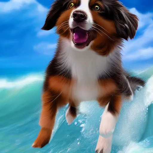 Image similar to Australian Shepherd puppy surfing in Hawaii, Digital Art, artstation