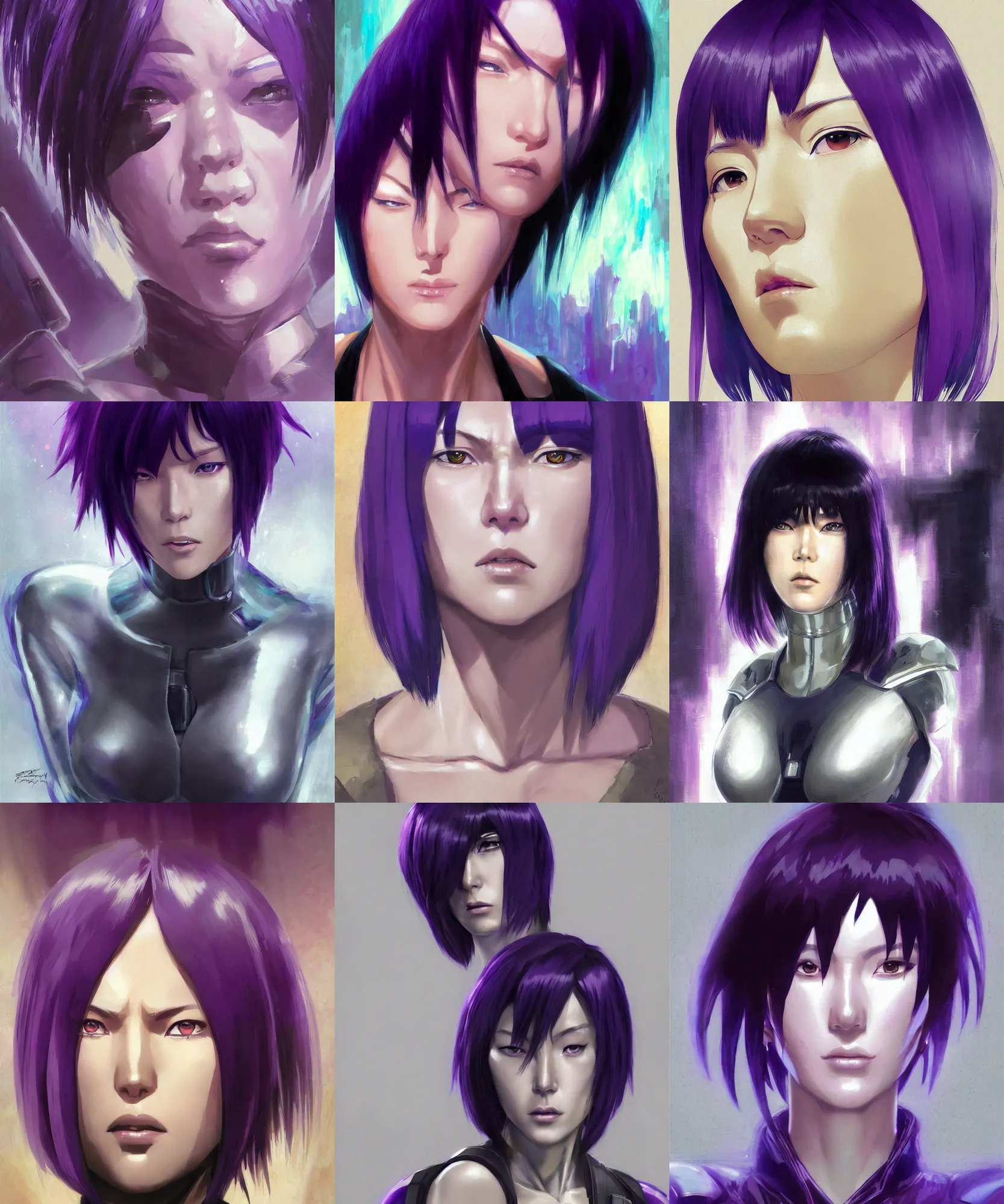 Prompt: digital art painting of motoko kusanagi from ghost in the shell, bob cut, purple hair, in a futuristic police costume dnd portrait painted by craig mullins and gaston bussiere and greg rutkowski, symmetrical face, defined facial features, symmetrical facial features, dramatic lighting, medium close up