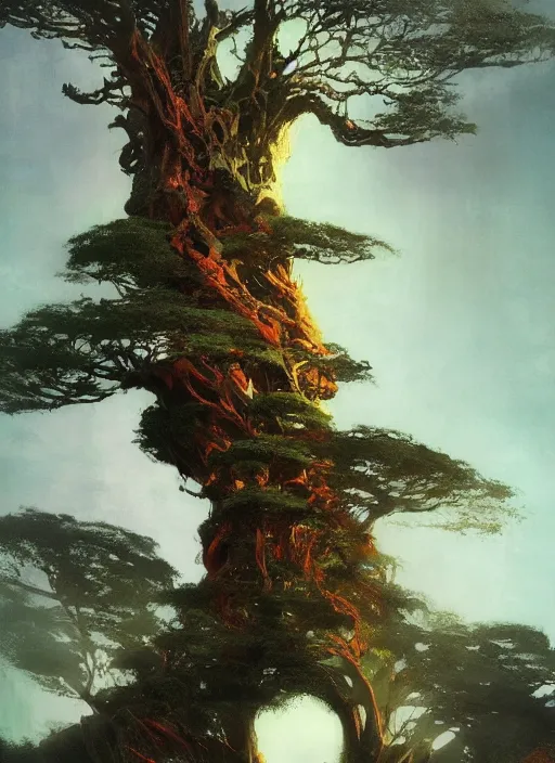 Image similar to giant tree, intricate, elegant, highly detailed, vivid colors, john park, frazetta, sparth, ruan jia, jeffrey catherine jones