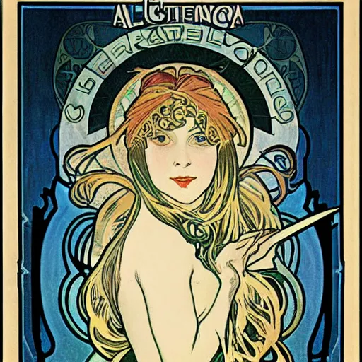 Image similar to female occult detective, painted by alphonse mucha