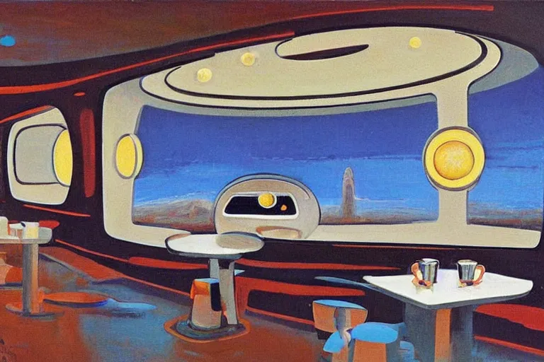 Prompt: coffee shop in a spaceship by robert theodore mccall