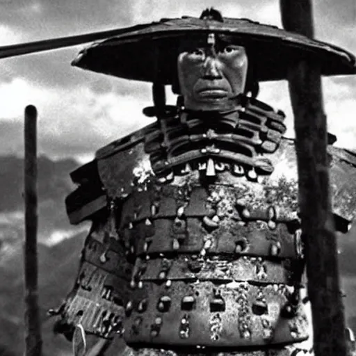 Image similar to A samurai wearing armor in a japanese village, shot by Akira Kurosawa, film still of Seven Samurai (1954)