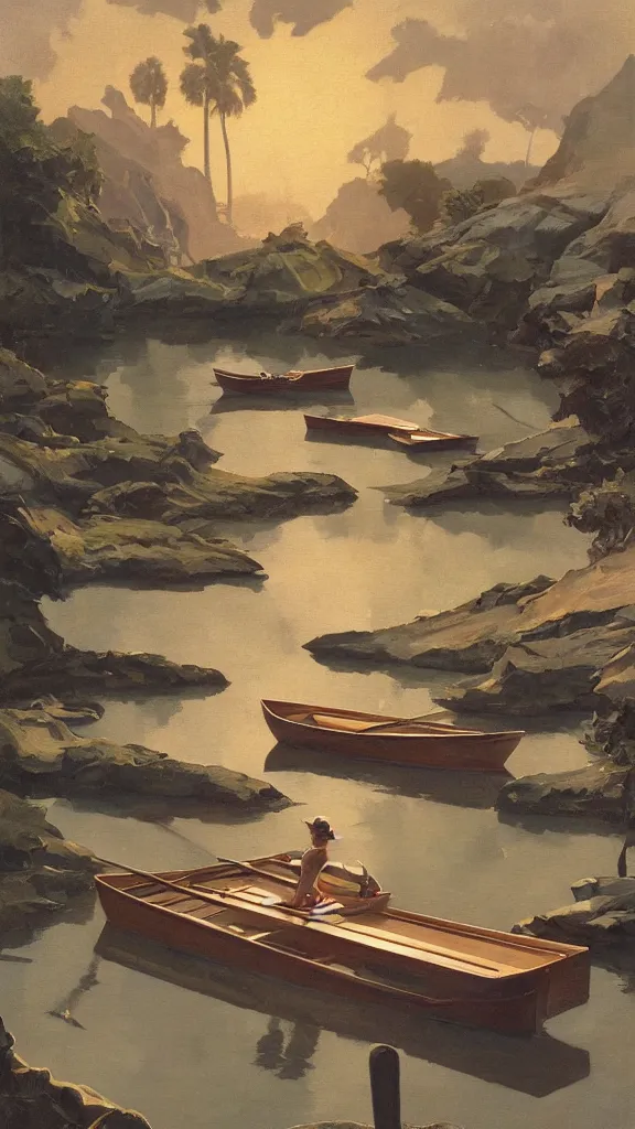 Image similar to a subterranean lagoon where a rowboat is moored to a small wooden dock, in a style blend of whelan and leyendecker and rockwell, oil painting, volumetric lighting, intricate details