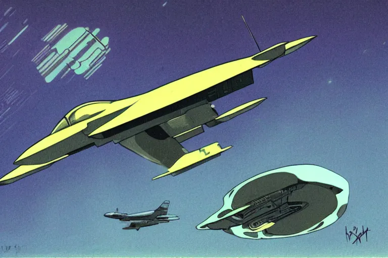 Image similar to a scifi illustration of a fururistic fighter jet. flat colors, limited palette in FANTASTIC PLANET La planète sauvage animation by René Laloux