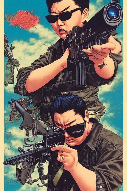 Image similar to poster of chow yun - fat wearing shades and shooting guns, by yoichi hatakenaka, masamune shirow, josan gonzales and dan mumford, ayami kojima, takato yamamoto, barclay shaw, karol bak, yukito kishiro