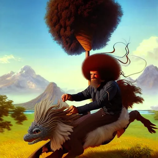 Image similar to bob ross!!! riding!!! a gryphon!!, giant afro!, model pose, ultra realistic, concept art, intricate details, highly detailed, photorealistic, octane render, 8 k, unreal engine. art by artgerm and greg rutkowski and alphonse mucha