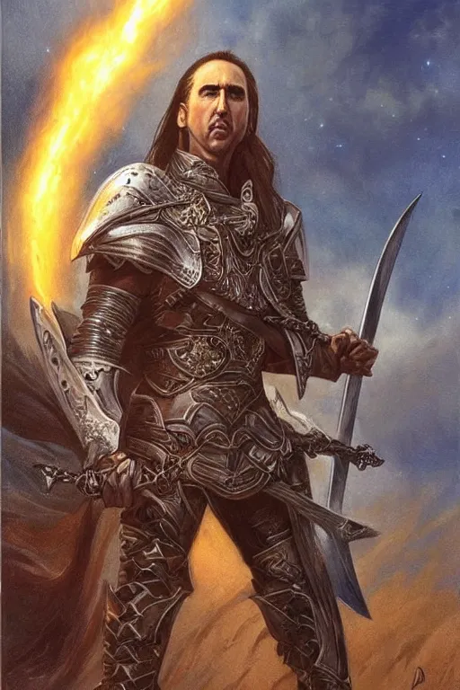 Prompt: Nicholas Cage as a paladin with a longsword, detailed fantasy art by Gerald Brom