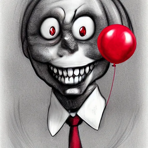 Prompt: surrealism grunge cartoon portrait sketch of a circular monster with a wide smile and a red balloon by - michael karcz, loony toons style, slender man style, horror theme, detailed, elegant, intricate