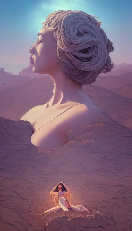 Image similar to giant statues across the desert, neon, fibonacci, girls, sweat drops, insane, pinup, intricate, highly detailed, digital painting, artstation, concept art, smooth, sharp focus, illustration, Unreal Engine 5, 8K, art by artgerm and greg rutkowski and alphonse mucha