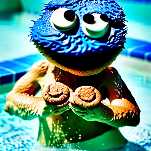 Prompt: the cookie monster swimming in a pool