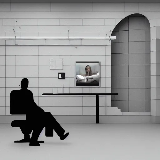 Image similar to cinema 4D cinematic render, ultra detailed, elegant, of a person inside a jail cell sitting with a desk and CRT monitor, 4K concept art, detailed, dark setting, cinematic lighting, light shining through the jail cell, casting shadows, trending on art station, old computer monitor, stressful, working, hyper realistic, ultra detailed, unreal engine, 8K post production