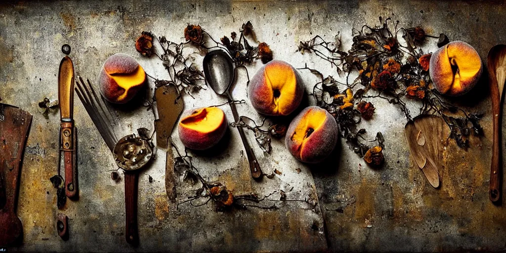 Prompt: side view, decaying rotting peaches, moldy, on an antique distressed table top, dried flowers, metal kitchen utensils, old kitchen backdrop, dark kitchen, style by peter lippmann, intricate detail,